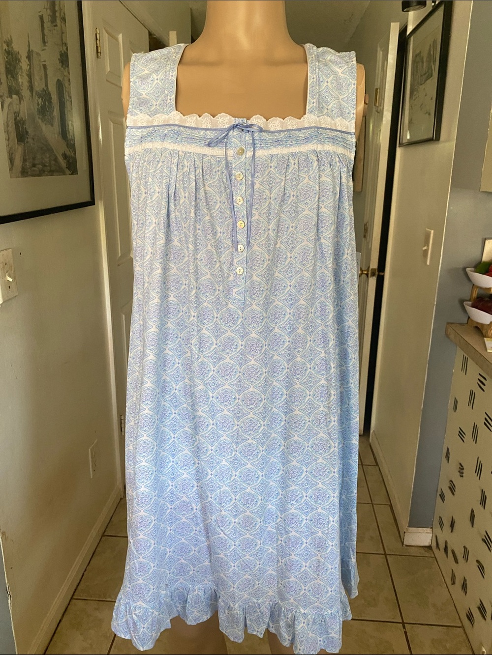 Eileen West Knit Pale Blue Printed Cotton Nightgown with Lace